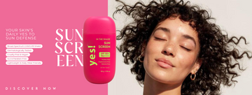 YES Skincare In The Shade hybrid sunscreen bottle showing a comparison between hybrid SPF benefits and common mineral or chemical sunscreen issues