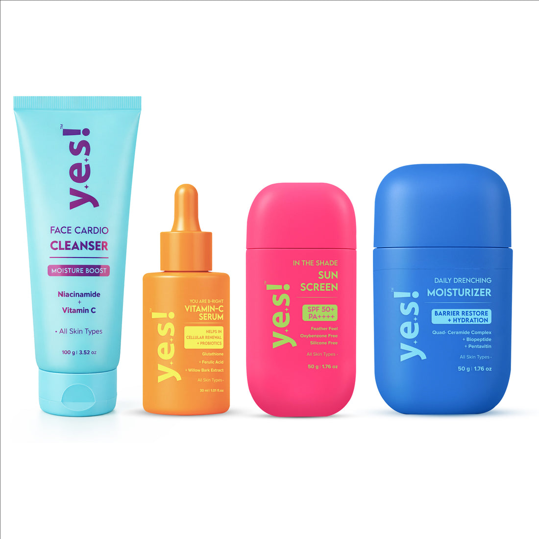 Yes! Complete Glass Skincare Routine Kit | Cleanser + Vitamin C Serum + Moisturizer + Sunscreen