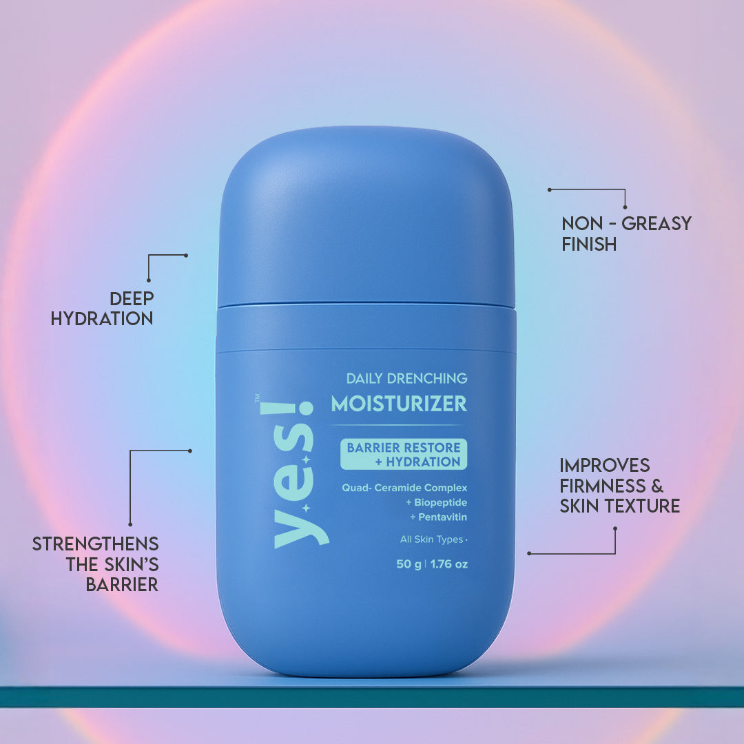 Blue moisturizer bottle labeled 'y.e.s!' with text highlighting product features on a gradient background.