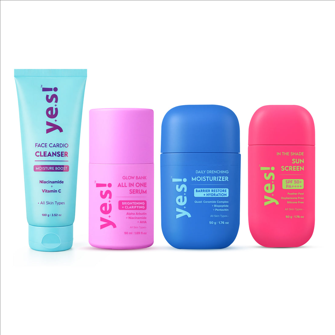 Yes! Complete Glow Skincare Routine Kit | Cleanser + All-in-One Serum + Moisturizer + Sunscreen
