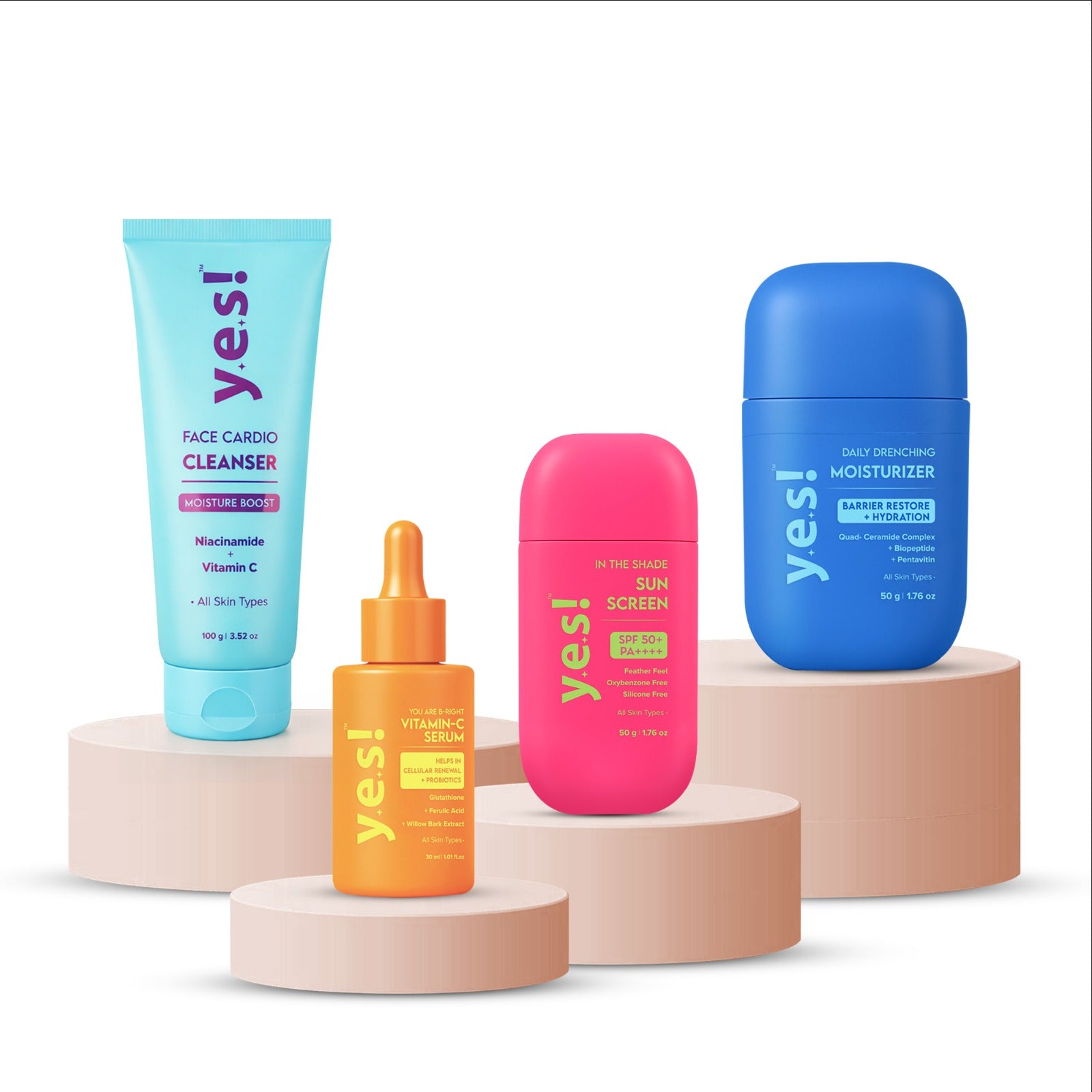 Yes! Complete Glass Skincare Routine Kit | Cleanser + Vitamin C Serum + Moisturizer + Sunscreen